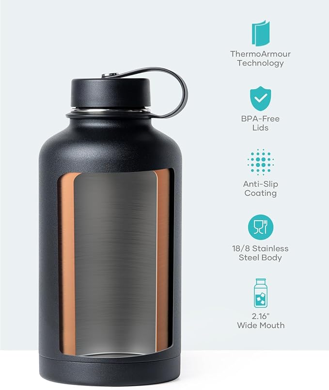 BUZIO Vacuum Insulated Stainless Steel Water Bottle 64oz (Cold for 48 Hrs/Hot for 24 Hrs) BPA Free Double Wall Travel Mug/Flask for Outdoor Sports Hiking, Cycling, Camping, Running