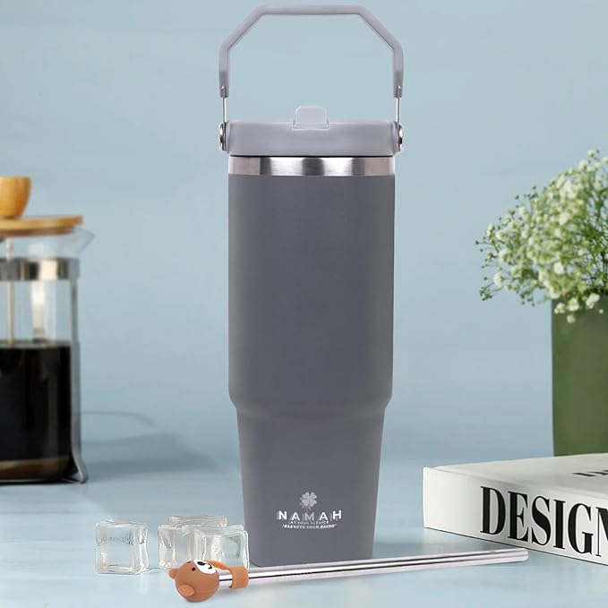 Tumbler with Handle & Extra Cloud LID – 30oz/900ml, Premium 304 Stainless Steel, Insulated Water Bottle, Leak-Proof, Steel Straw, Teddy Straw Cap, Cleaning Brush & Carabiner Hook (Stormy Slate Gray)