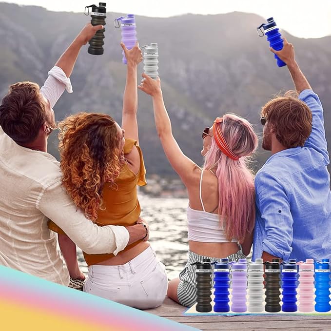 Collapsible Water Bottle Silicone Foldable Water Bottles Travel Water Bottles 550ml with Carabiner, Portable Sport Water Bottles for Camping,Hiking Sport. (Dark Blue)