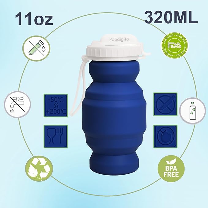 Collapsible Water Bottles 20.7oz Leakproof with Straw Lid Food-Grade BPA-Free Silicone Travel Foldable Water Bottles for Sports Office Gym Hiking Driving 610ML (navy blue little 320ml)