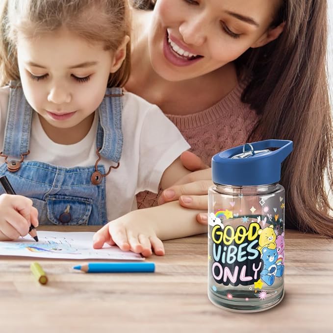 LOGOVISION Care Bears Kids Tritan Plastic Water Bottle with Straw Lid and Handle, Reusable Tumbler for Toddlers, Unisex for Girls and Boys, 12oz, Good Vibes Only