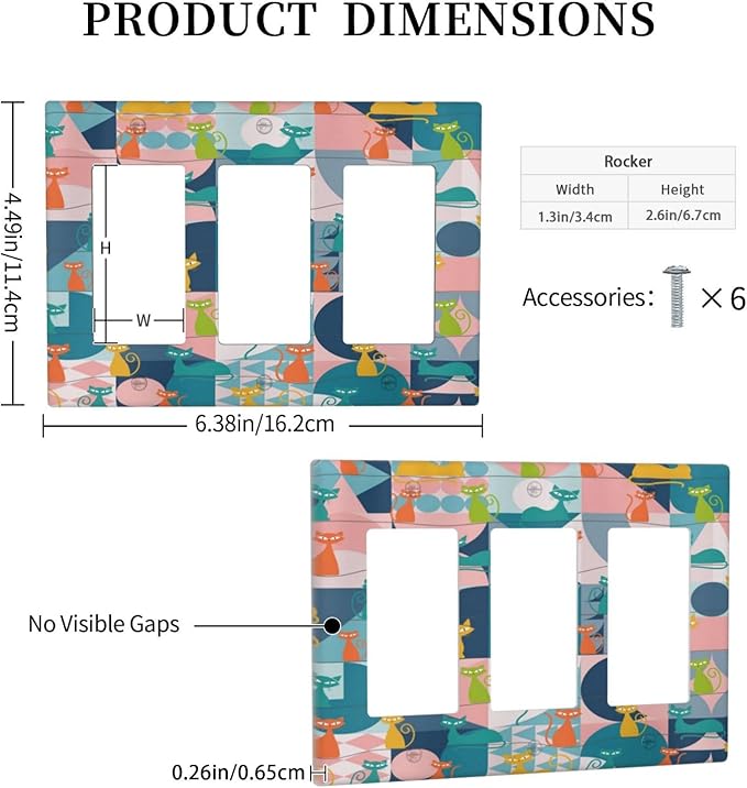 Mid Century Modern Atomic Cute Cats 3 Gang Rocker Light Switch Covers Triple Outlet Wall Plate Decorative Switchplate Cover Faceplate GFCI for Kidroom Nursery Bedroom Decor