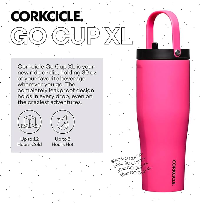Corkcicle Go Cup XL Insulated Tumbler with Lid and Straw, Dragonfuit, 30 oz – Reusable Water Bottle Keeps Beverages Cold for 12hrs – Cupholder Friendly Tumbler, Leak-Proof Design