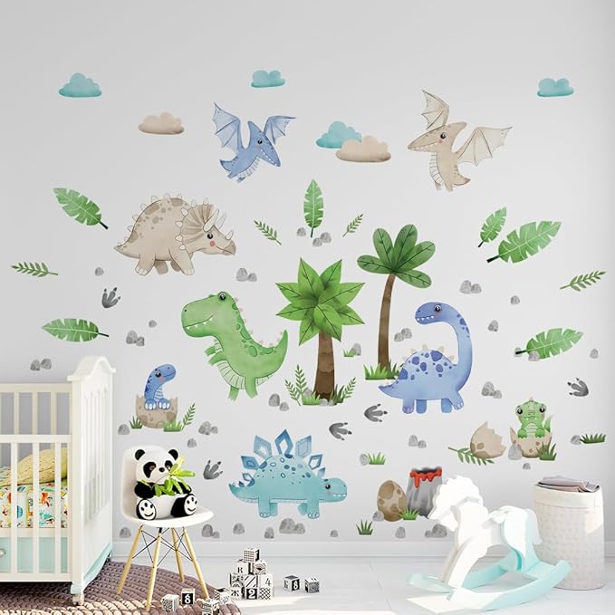 Large Dinosaur Wall Decals by Lipastick - 109 pcs Watercolour Dinosaur Kids Wall Stickers - Dinosaur Footprints Silhouettes Decals for Walls – Peel and Stick Decal for Kids Bedroom Nursery XXL Size