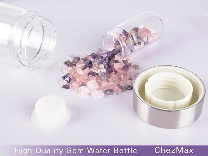 Crystal Glass Water Bottle, Glass Water Bottle with Changeable Natural Crystal Center, Quartz Gemstone Water Bottle for Natural
