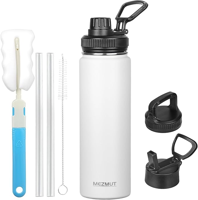 Insulated Water Bottle 24oz Stainless Steel Water Bottles with Straw&3 Lids Sports Metal Water Bottle Thermos Cup Double Walled Vacuum Insulated Bottles Leak-Proof Travel(White)