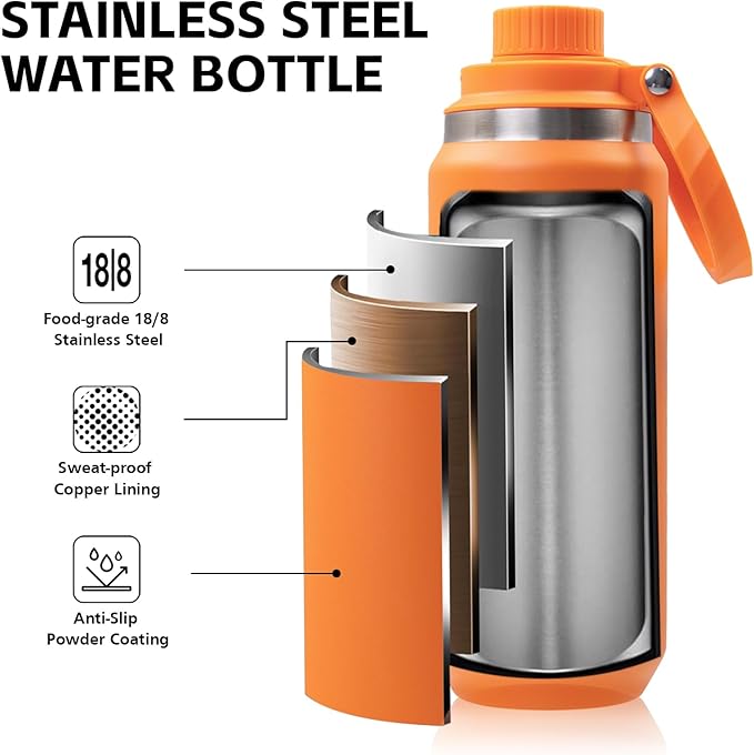 Greylock 20 oz Insulated Stainless Steel Water Bottle with Straw Lid- BPA-Free Leak Proof When Closed, Reusable Metal Water Bottle with Carry Handle for Travel Camping, 24 Hours Cold (Tangerine)