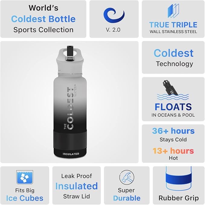Coldest Sports Water Bottle with Straw Lid Vacuum Insulated Stainless Steel Metal Thermos Bottles Reusable Leak Proof Flask for Sports Gym (32 oz, Hyperspace White)
