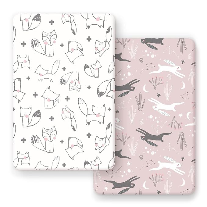 GRSSDER Stretchy Ultra Soft Jersey Knit Pack n Play Sheets Set 2 Pack, Portable/Mini Cribs Playard Sheets, Cute Foxes and Rabbits for Baby Girls and Boys