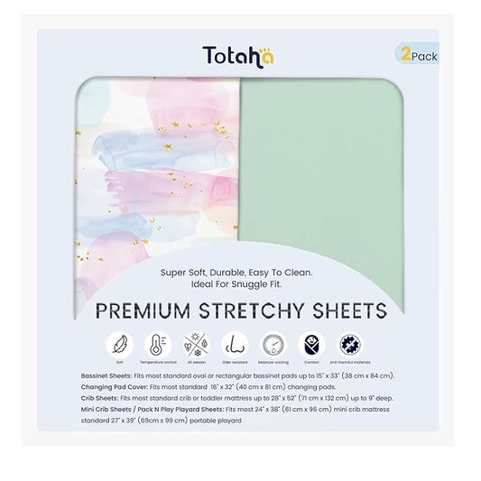 TotAha Premium Soft Bassinet Sheet for Boy Girl, Super Stretchy Jersey Knit Bassinet Fitted Sheet, Compatible with Halo, Maxi COSI, Mika Micky, SNOO, Baby Delight Mattress, 2 Pack