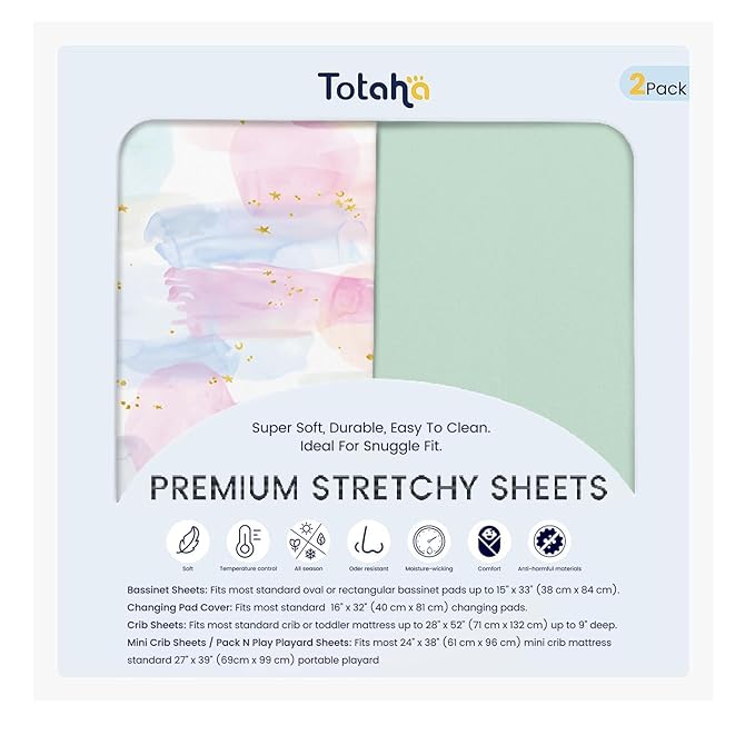 TotAha Premium Soft Pack n Play Sheets, Super Stretchy Jersey Knit Mini Crib Sheets Fitted, Silky Comfort Graco Pack and Play Mattress Sheets, 2 Pack