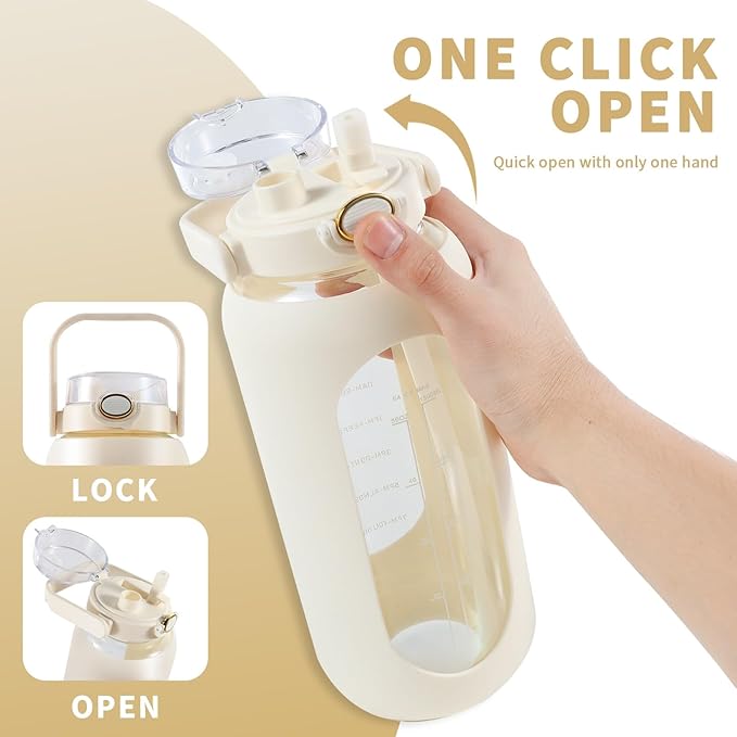 64oz Glass Water Bottle with Straw and Handle - Half Gallon Motivational Water Jug with Time Marker and Silicone Sleeve, Leak proof Wide Mouth Water Flask for Gym, Sports, and Daily Use (White)