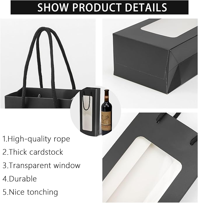 Ssyuysto 12 Pcs Black Wine Gift Bag with Window 4.9" x 3.34" x 14.1" Kraft Paper Wine Bags with Windows Flower Wrapping Bag Transparent Window Bags for Birthday Wedding Party Gift (Black)