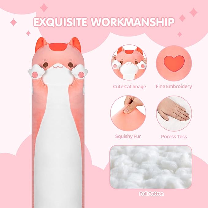 Long Cat Plush Kids Body Pillow, 53 Inch Cute Pink Cat Stuffed Animals Soft Plushies, Kitten Kawaii Plush Throw Pillow Doll Toy Gift for Girlfriend