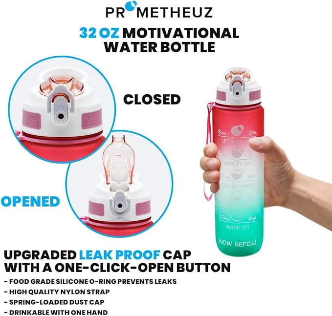 Prometheuz 32oz Water Bottle with Straw, Motivational Water Bottle with Time Marker, Water Bottles Leakproof & BPA-Free for Sports, Work and Fitness Rose Mint