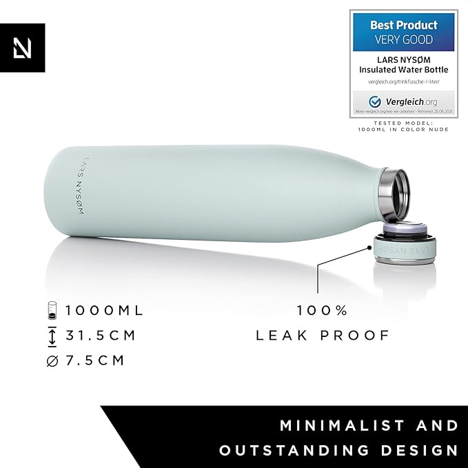 LARS NYSØM Stainless Steel Insulated Water Bottle 12oz 17oz 25oz 34oz 51oz | BPA-free Insulated Thermo Flask for Hot and Cold Beverages | Leakproof Drinking Bottle (Whispering Blue, 34oz)