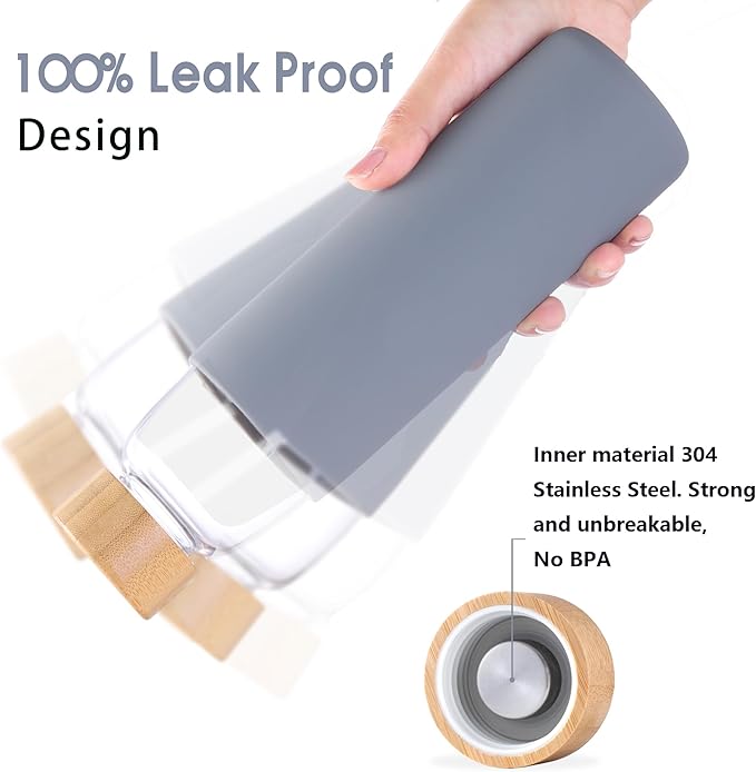 Laster Glass Water Bottle 20 Oz, 600 ml, made of Borosilicate Glass, 1 Bamboo & 1 Stainless Steel Lid, BPA Free, Non-Slip Silicone Sleeve (Grey)