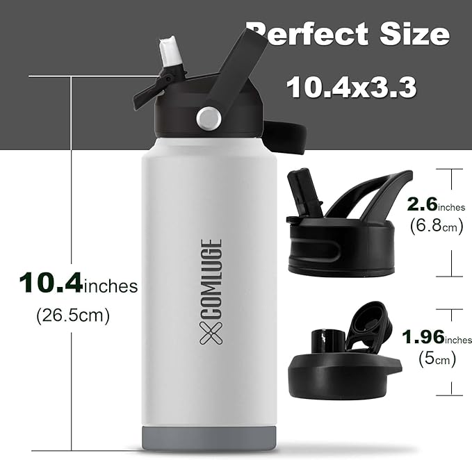 white 32 oz insulated water bottle with straw stainless steel water bottle,double wall,leak proof water bottles with 3 lids,travel,gym mens water bottle(Pearl Grey, 32oz)