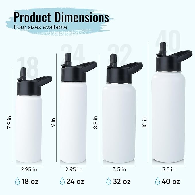 Stainless Steel Water bottle with Straw & Wide Mouth Lid, Wide Rotating Handle, 24oz Double Wall Vacuum Insulated Water Bottle Leak Proof, BPA Free, Keep Cold and Hot, 24oz, White