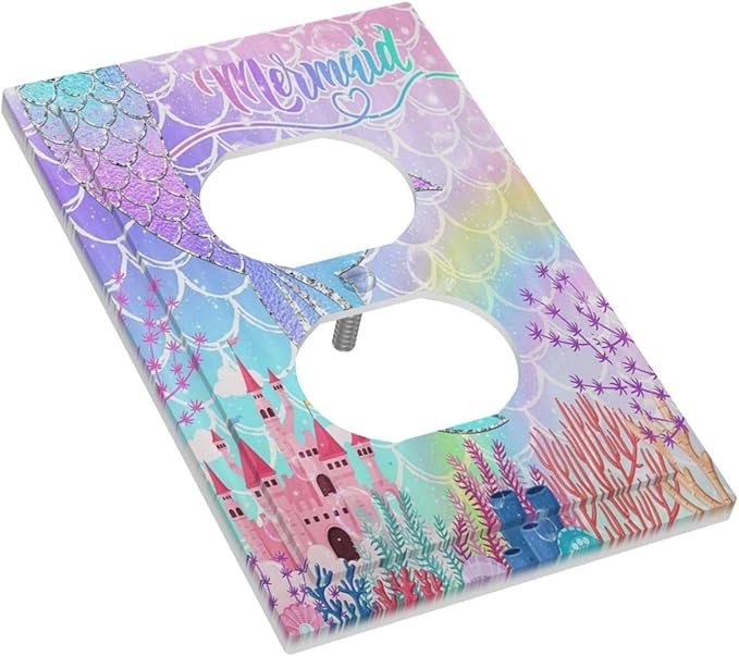 Silvery Glitter Cute Mermaid Tail Fantasy Castle Single Duplex Wall Plate Covers Light Switch Cover 1 Gang Outlet Plate Decorative Switchplate Covers Electrical Faceplate for Kidroom Nursery Decor