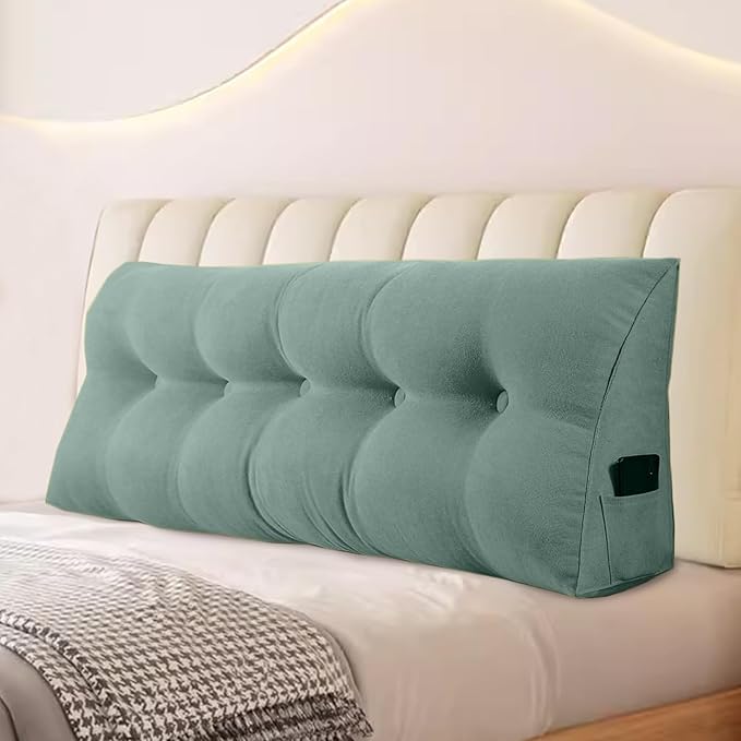 Large Triangular Headboard Pillows Long Backrest Positioning Support Bolster Cushion for Daybed Fluffy Quality Plush Body Wedge Pillow with Removable Cover(Light green-Twin/Twin XL-39x8x20 in)