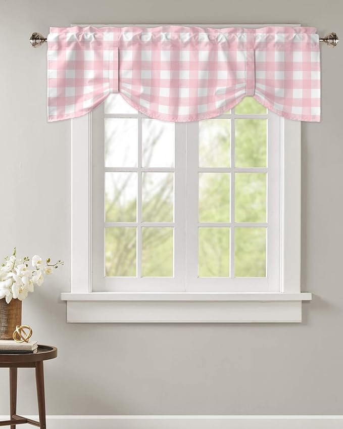 Christmas Blackout Tie Up Valance Curtains for Kitchen Windows Rustic Pink White Buffalo Check Plaid Pattern Window Toppers Balloon Shades for Living Room/Bathroom/Bedroom,1 Panel, 60" X 18",Farmhouse