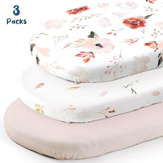 Stretchy Ultra Soft Bassinet Fitted Sheets 3 Pack, Universal Fitted for Bassinets Oval Rectangle Mattress, Pretty Bassinet Sheets for Baby Girls, Watercolor Rose Flora Orange Pink