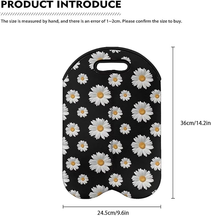 doginthehole 2 Bottle Wine Carrier Daisy Champagne Carrier Bag Neoprene Wine Tote Bags Reusable Wine Bottle Protector Insulated Wine Bag Wine Cooler Bag Wine Accessories Gift for Women Wine Lover