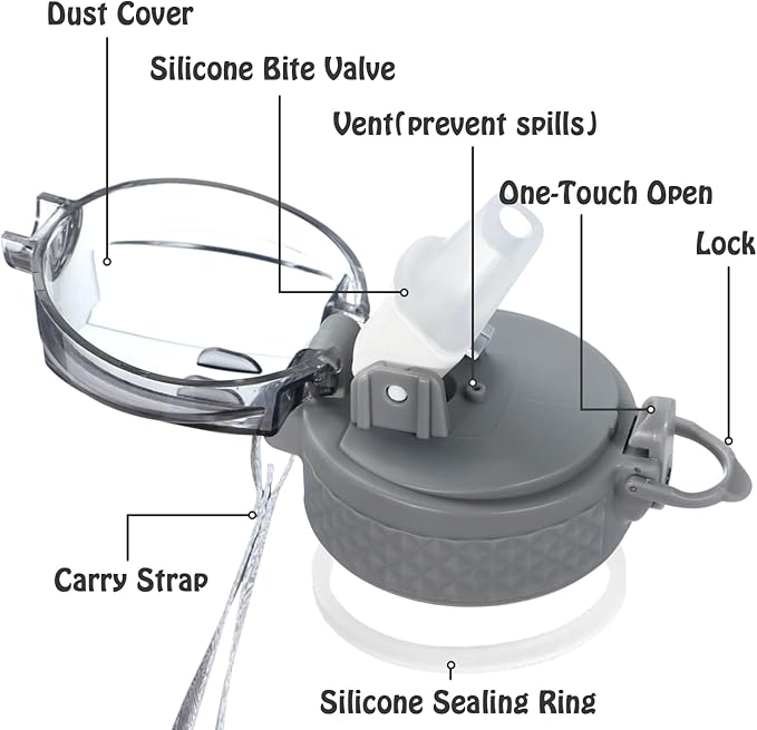 OLDLEY Replacement Straw Lid for 15 oz Water Bottle, Leakproof Spillproof Dustproof One-Click Open Cap with Carry Strap