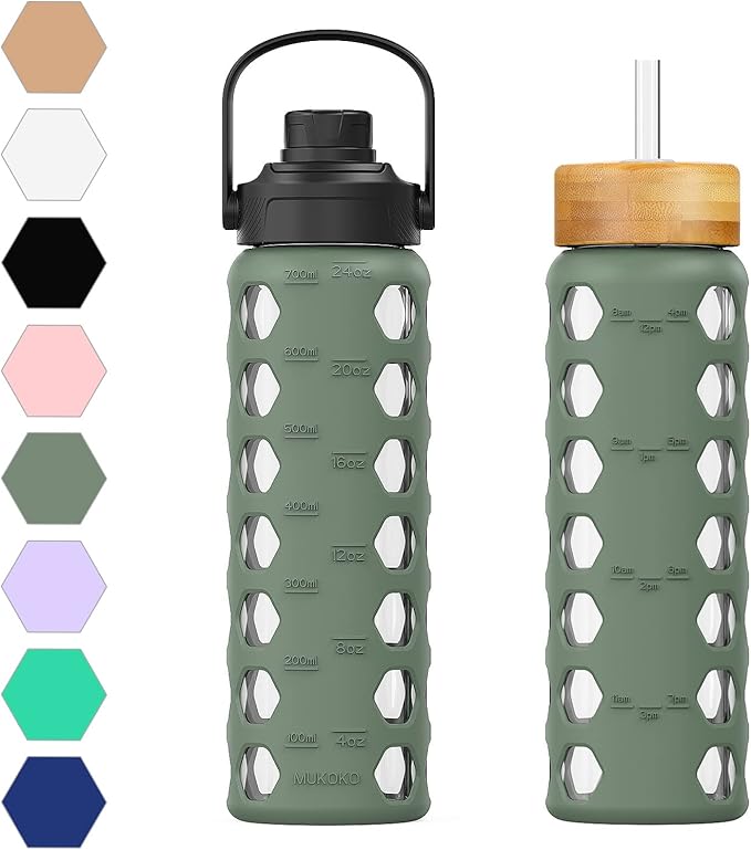 MUKOKO 24oz Glass Water Bottle with 2 Lids-Handle Flip Lid&Bamboo Straw Lid,Motivational Water Tumbler with Time Marker Reminder and Silicone Sleeve, Leakproof-Olive