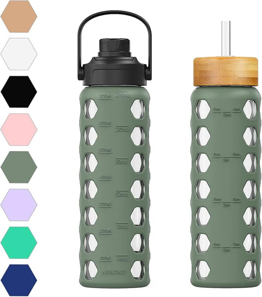 MUKOKO 24oz Glass Water Bottle with 2 Lids-Handle Flip Lid&Bamboo Straw Lid,Motivational Water Tumbler with Time Marker Reminder and Silicone Sleeve, Leakproof-Olive
