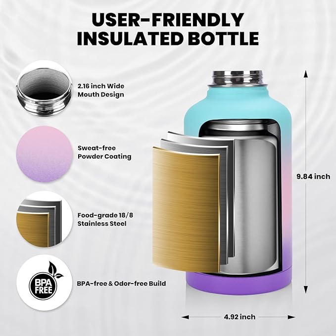 Insulated Water Bottle 64 oz, Triple Wall Vacuum Stainless Steel (Cold for 48 Hrs), Leak Proof & Non-BPA, Half Gallon Water Flask Jug with Paracord Handle & Straw Spout Lids, Hydrangea