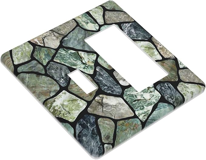 Green Stone Texture Combo Single Toggle 1 Rocker Light Switch Wall Plate Cover Decorative 2-Gang for Electrical Outlets Room Bathroom Bedroom Home Kitchen One Decora Receptacle 4.5" x 4.6"
