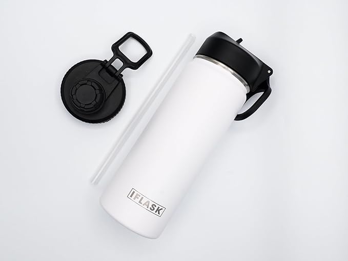 Sport Travel Outdoor Water Bottle with Spout and Straw Lids | Leak Proof | Insulated Stainless Steel Double Walled | BPA and Sweat free | Hot & Cold | For Kids Men & Women (White, 18 oz)