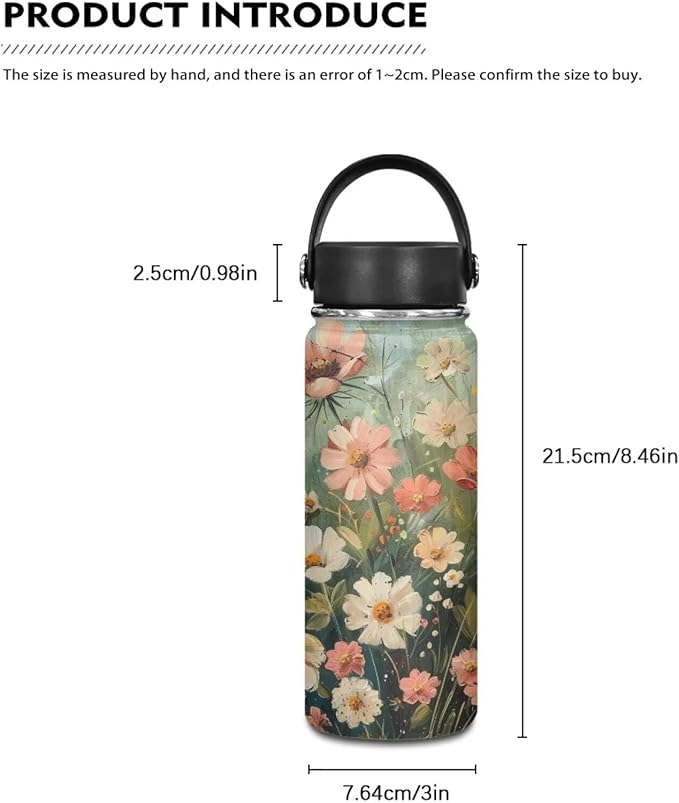 Floral Print Insulated Water Bottle for Women Stainless Steel Sports Water Flask Cup Portable Handle Hot and Cold Water Bottle, 18 Oz