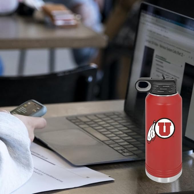 Game Day Outfitters Utah 32oz Stainless Steel Double Walled Red Beverage Bottle with Flip Straw Spout - College Gear for Playoff Season – For Office, Home or Auto – Show your Utes Pride