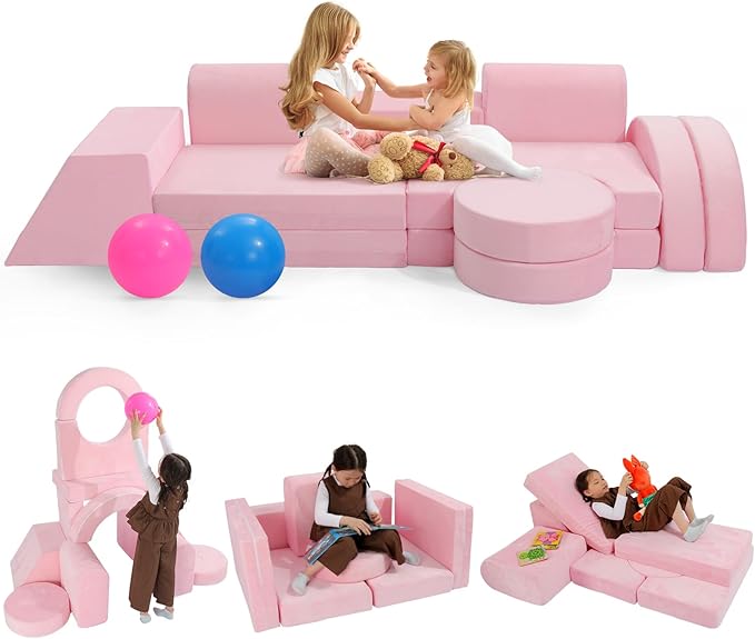 Modular Kids Sofa Play Couch, 12-Piece Kids Couch Sectional Sofa for Playroom Fort Buliding, 3S Instant Rebound and Fully Expand, Versatile Kids Play Couch for Toddler to Teen