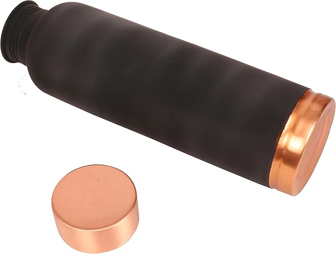 Pure Copper Water Bottle - Handcrafted - Ayurveda Health Benefits - 33 OZ - Leak proof - Easy to carry for Sports, Fitness, Yoga, School - Jet Black Matte Finish Vintage Enamel.