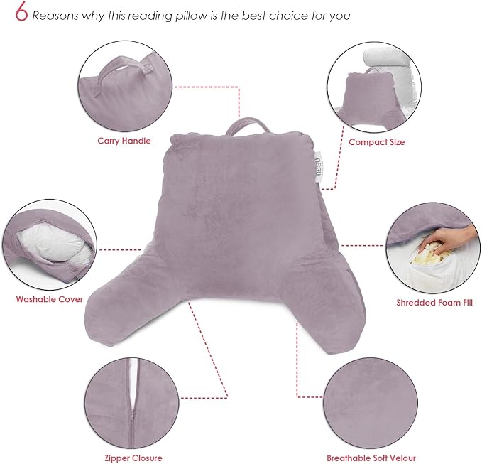 Nestl Reading Pillow Standard Bed Pillow, Back Pillow for Sitting in Bed Shredded Memory Foam Chair Pillow, Reading & Bed Rest Pillows Dusty Purple Back Pillow for Bed Chair Arm Pillow with Pockets