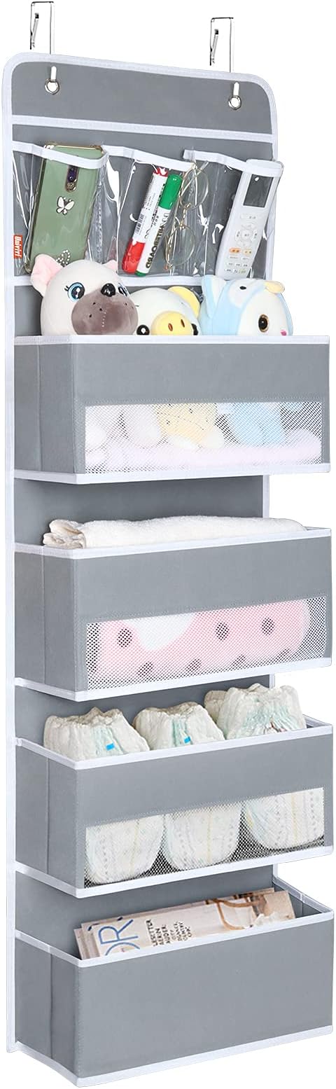 Univivi Door Hanging Organizer Nursery Closet Cabinet Baby Storage with 4 Large Pockets and 3 Small PVC Pockets for Cosmetics, Toys and Sundries (Grey)