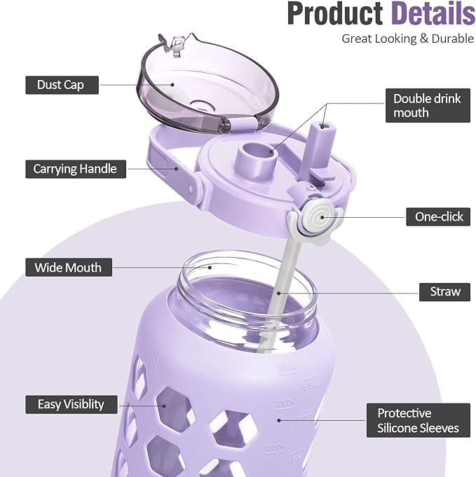 MUKOKO Half Gallon/64 oz Glass Water Bottles with Straw and Lid,Motivational Water Jug with Time Marker Reminder and Silicone Sleeve,100% Leakproof BPA Free Fitness Sports Large Bottle-Purple