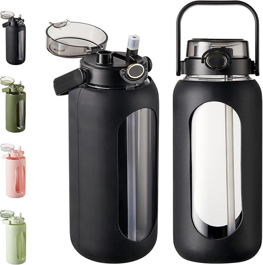 TKK 64 OZ Glass Water Bottle with Straw and Handle Half Gallon Bottle with Silicon Sleeve 2L Sports Water Bottles for Fitness, Gym, Workout - Black