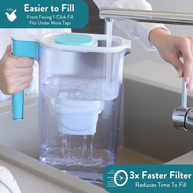 Perfect Pour Small 6 Cup Water Filter Pitcher by Aqua Optima, Reduces Microplastics, Ergonomic, Eliminates Splashes and Spills, BPA Free, NSF Certified, Includes 3 Evolve+ Water Filters, Blue