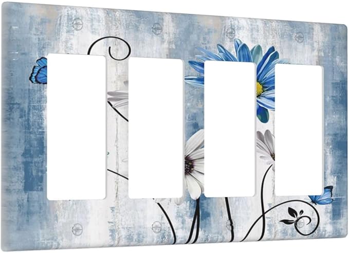 Rustic Teal Blue Daisy Floral 4 Gang Rocker Decora Light Switch Cover Outlet Covers Wall Plate Decorative Switchplate Electrical Faceplate GFCI for Country Bathroom Bedroom Kitchen Decor