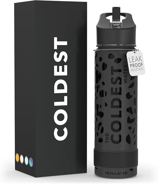 Coldest Sports Water Bottle with Straw Lid Vacuum Insulated Stainless Steel Metal Thermos Bottles Reusable Leak Proof Flask for Sports Gym (24 oz, Black Leopard)