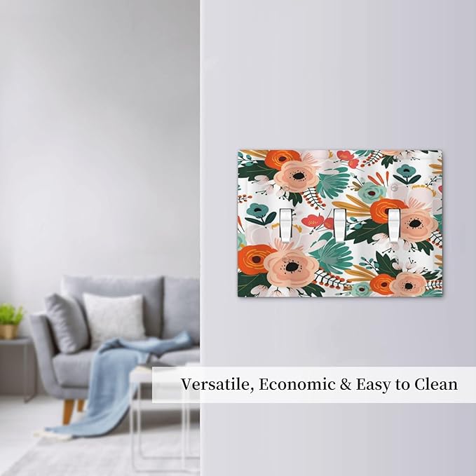 Rustic Floral Boho Colorful Flower 3 Gang Light Switch Covers Triple Toggle Wall Plate Decorative Switchplate Electrical Faceplate for Farmhouse Bathroom Bedroom Kitchen Decor