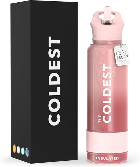 Coldest Sports Water Bottle with Straw Lid Vacuum Insulated Stainless Steel Metal Thermos Bottles Reusable Leak Proof Flask for Sports Gym (40 oz, Bellatrix Pink)