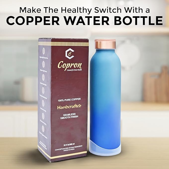 Copper Water Bottle 30 oz 900 ml | 100% Pure Copper With Added Health Benefits | Ergonomic Design | Water Bottle for School, Office | Leakproof, Durable, Lightweight | Easy to Clean, Ombré Blue