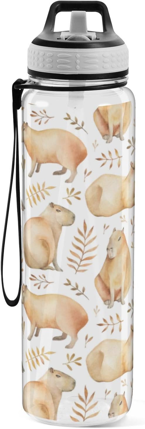 Capybaras Water Bottle with Straw Leafs Sports Bottles BPA-Free Tritan Water Jug with Carrying Strap for Gym Office Outdoor Sports