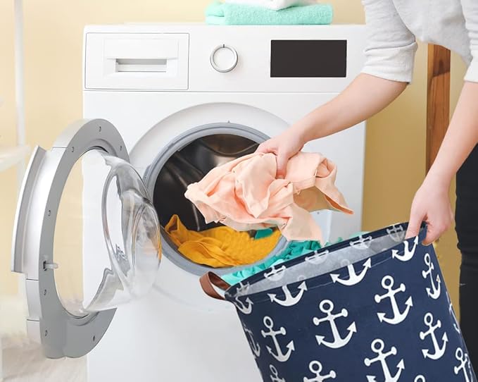 Kids Hamper,Collapsible Laundry Baskets,Waterproof Storage Baskets with Leather Handle,Nautical Decor,Toy Organizer (Navy Blue Anchor)